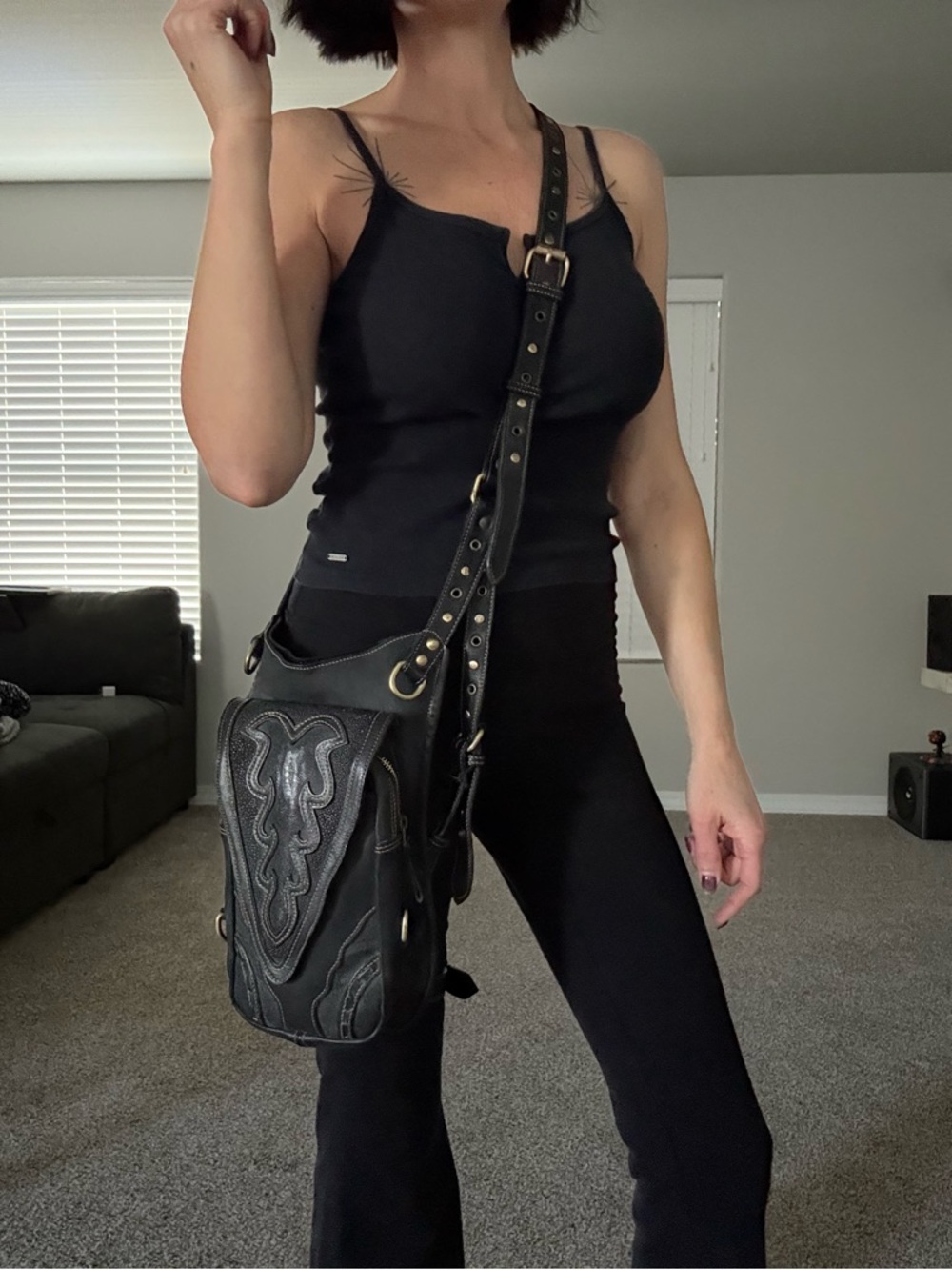 Black/Dark Brown Leather Crossbody Bag with Embroidered Front